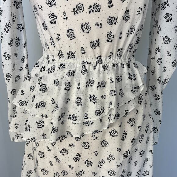 Vintage Midi Dress Size 10 White Black Ditsy Floral Puff Sleeve Peplum Retro 80s - Picture 4 of 16